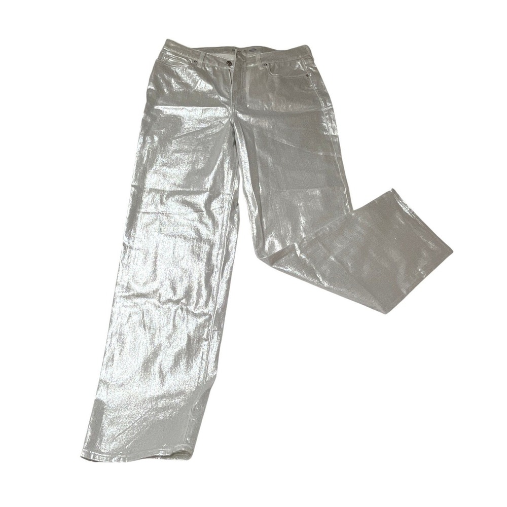 Old Navy Womens High Rise OG Loose Metallic Silver Jeans Tall 14 Party New Years